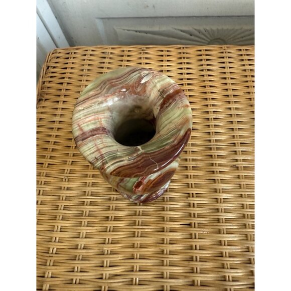 Vintage 70's Green & Brown Banded Onyx Agate Vase 6" Heavy Boho - Picture 6 of 8